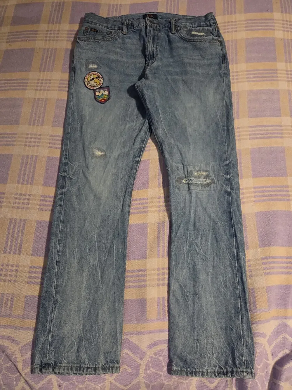 Polo Ralph Lauren Mens Varick Slim Straight Distressed Embroidered Patched Jeans